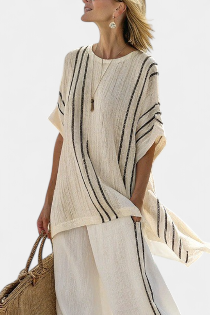 Greysen | Elegant Ivory Linen Blouse & Black Striped Pants